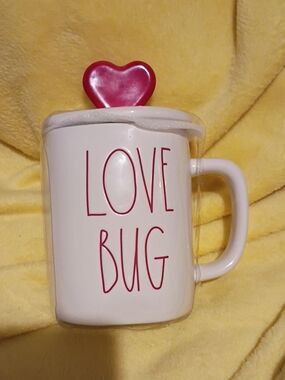 Rae Dunn White Mug with Red Heart Lid and Red Lettering